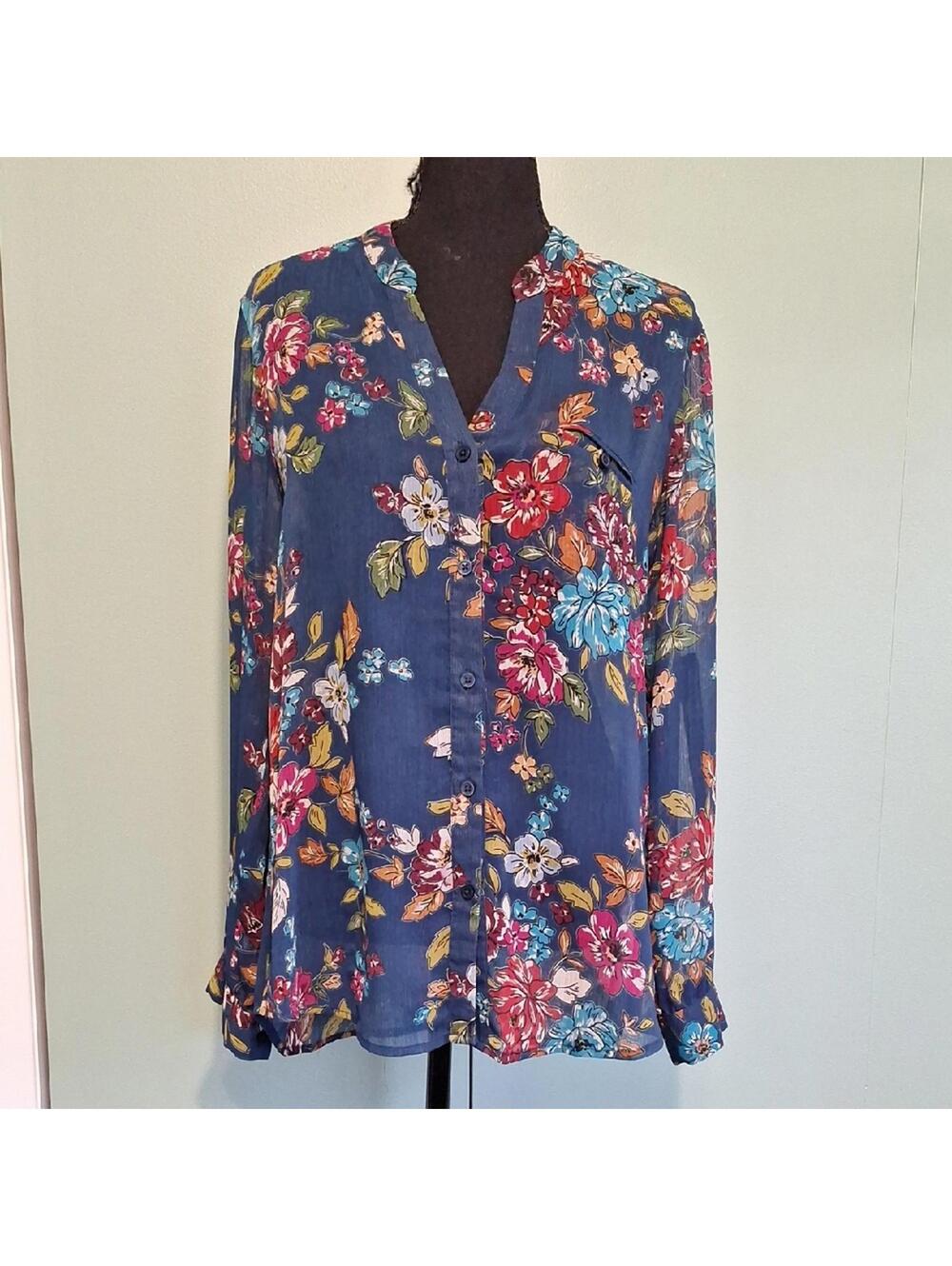 Kut From The Kloth Blue Sheer Floral Blouse Size Medium